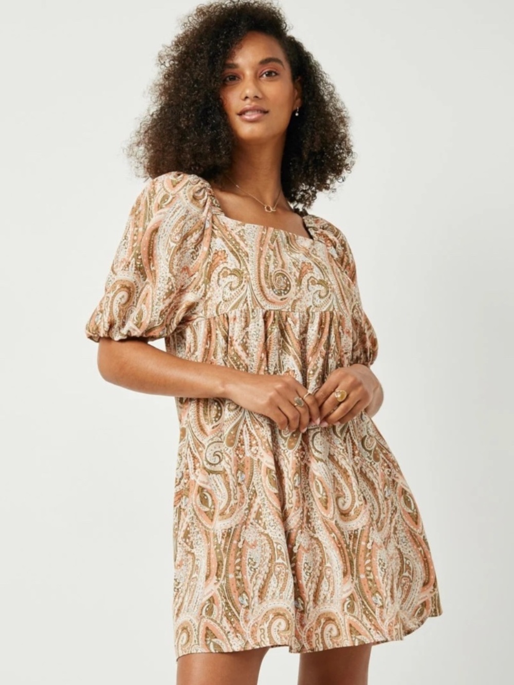 Hayden Multicolor Paisley Puff Sleeve Square Neck A-Line Dress, Med, NWOT